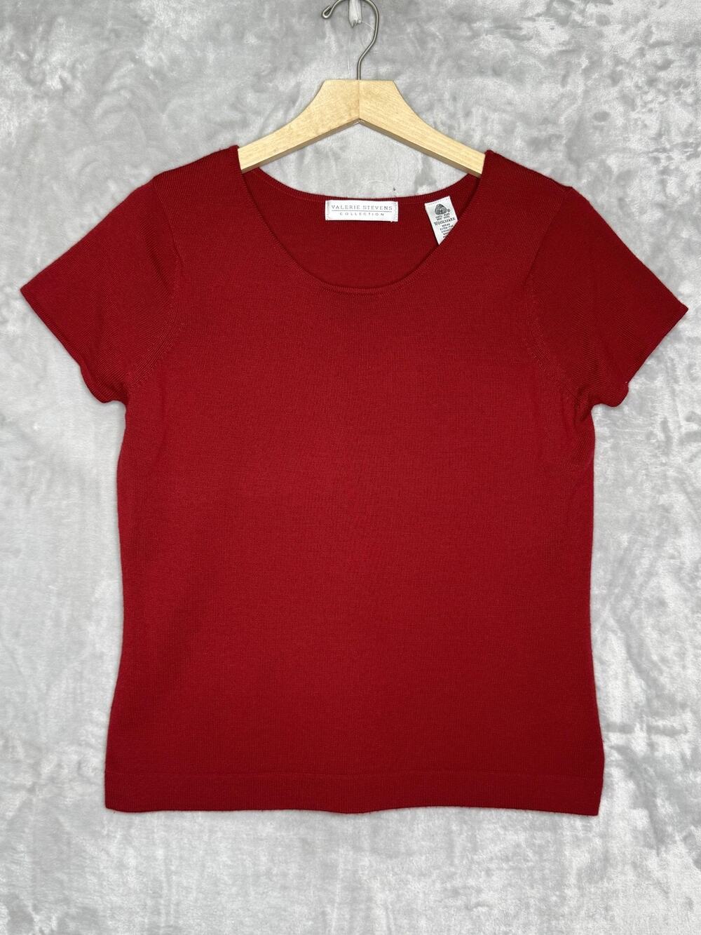 Valerie Stevens Sweater Womens Medium Red Merino Wool Scoop Neck Short Sleeve